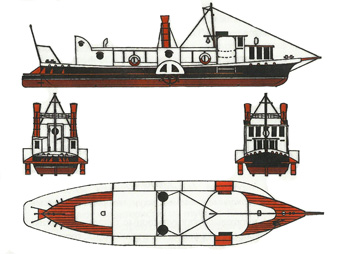 Судно с электродвижением, стилизованное под колёсный пароход (габаритная длина с бушпритом и кринолином 17 м).